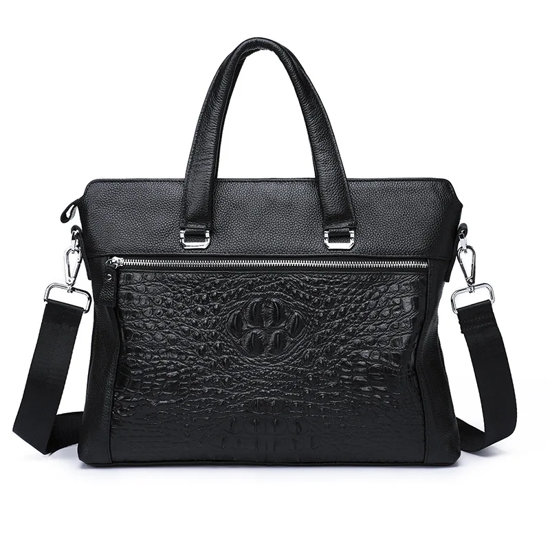 Luxury cowhide crocodile pattern briefcase business bags fashion genuine leather men's laptop bag handbag male shoulder bag