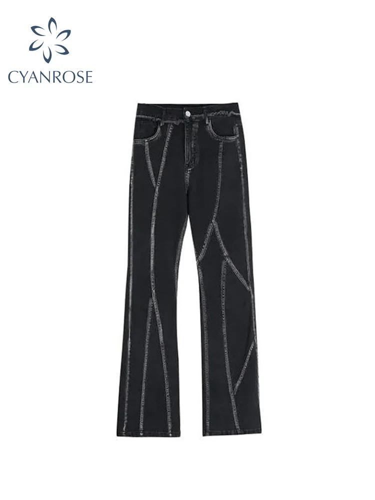 2022 Women's Retro Black Jeans Pants Harajuku High Waist Flared Pants Streetwear Gothic Punk Slim Fit Female Wide Leg Trousers