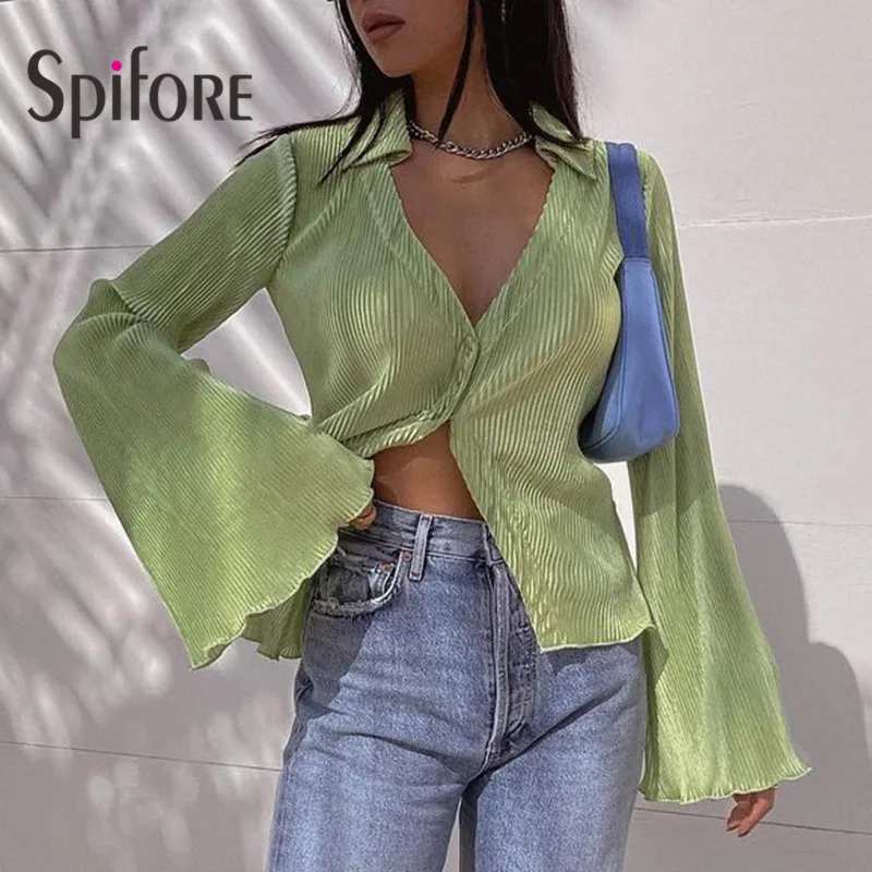 Spifore Green Flare Sleeve Women Tops Sexy V Neck Long Sleeve Autumn T-Shirt Streetwear Casual Sheath Summer Shirts Fashion