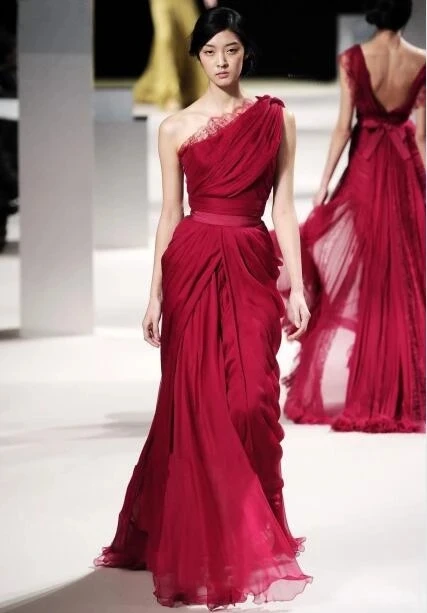 Burgundy Celebrity Dresses A-line One-shoulder Chiffon Lace Backless Long Famous Formal Red Carpet Dresses