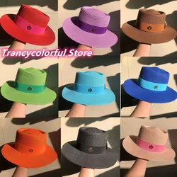 Macaron color straw hat M logo sun hat new bumpy hat top Korean fashion elastic ribbon top hat beach hat candy color sun hat