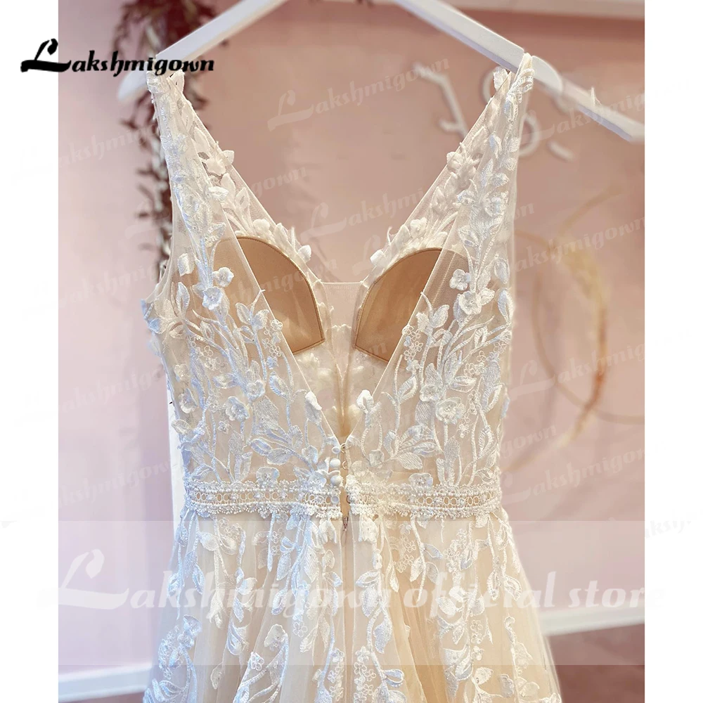 Lakshmigown vestido de casamento com decote em v, apliques de renda, personalizado, boêmio, jardim, linha, tule, costas nuas, boho, praia, vestidos de noiva