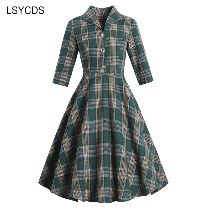 

LSYCDS New Plaid Dress Women Autumn Winter 2023 Elegant Three Quarter Knee Length A Line Big Swing Vintage 50s 60s Dresses