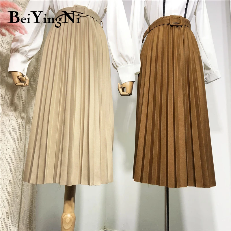 Beiyingni gonna donna a vita alta Casual Vintage Solid Belted gonne Midi pieghettate Lady 11 colori moda semplice Saia Mujer Faldas