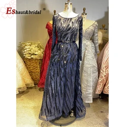 Elegant Dubai Mermaid Evening Night Dresses 2023 O Neck Long Sleeves Crystal Handmade Velvet Formal Prom Wedding Party Gowns