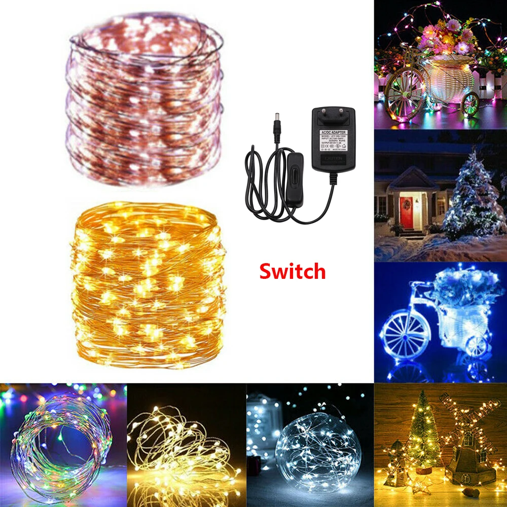 DC12V LED String Light Fairy Lights 10m 20m 30m Copper Wire Garland Led Christmas Light Warm White/White/RGB with Power Adapter