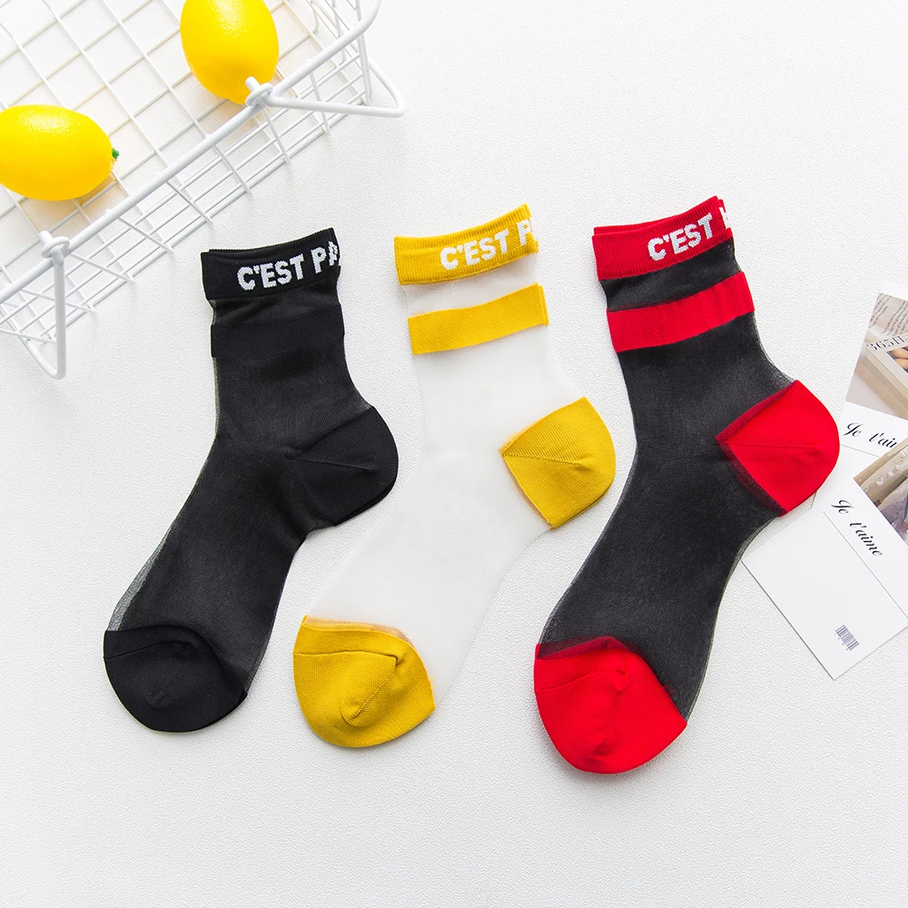 Women's Socks Spring And Summer Leisure Sports Fashion Cute Letter Stripes Nylon Card Silk Transparent Ultra-thin Short Tube