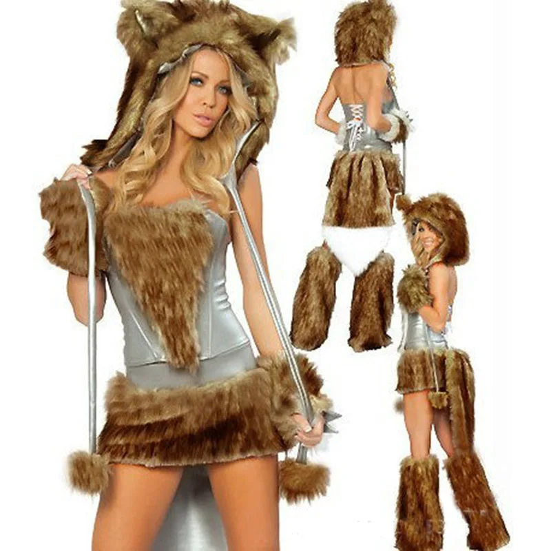 Sexy Plush Costume Set Women Big Tail Wolf Leopard Cosplay Winter Hat Tube Top Leg Warmer Party Dress for Halloween Christmas