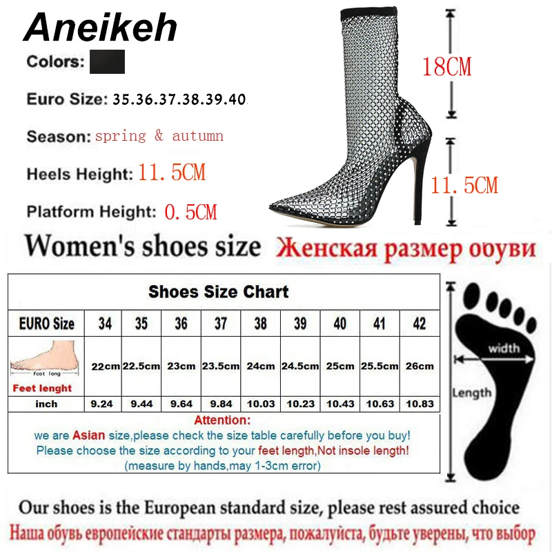 Aneikeh Summer Bling Bling Rhinestone Mesh Pointed toe Sandals Ankle Boots Stiletto High Heels Female Crystal Mesh Shoes Sandals