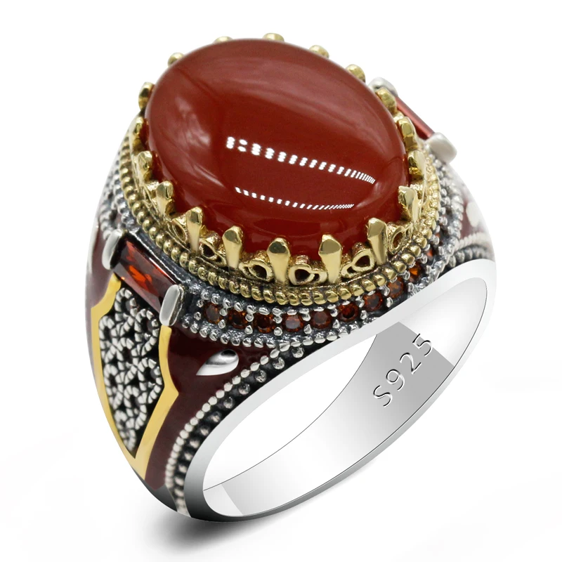 New Natural Red Agate Türkiye Men's 925 Sterling Silver Handmade Ring Aggressive Personality Attends Dinner High Quality Jewelry