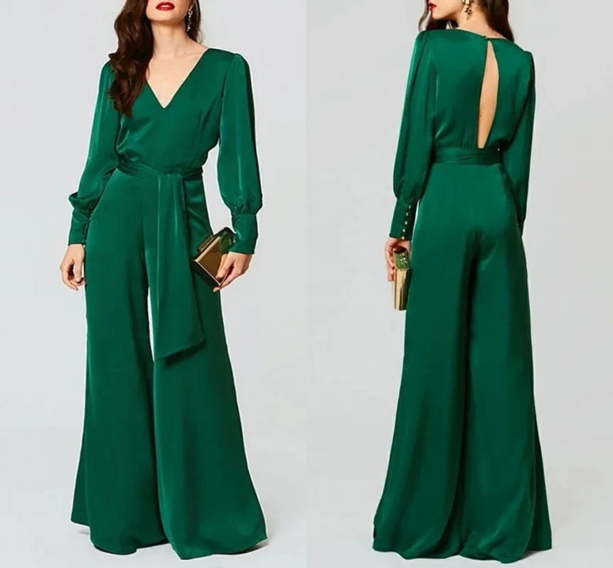 Green Jumpsuit Satin Evening Dresses Long Sleeves Women's Prom Party Gown Covered Button Custom Made Vestidos De Noche