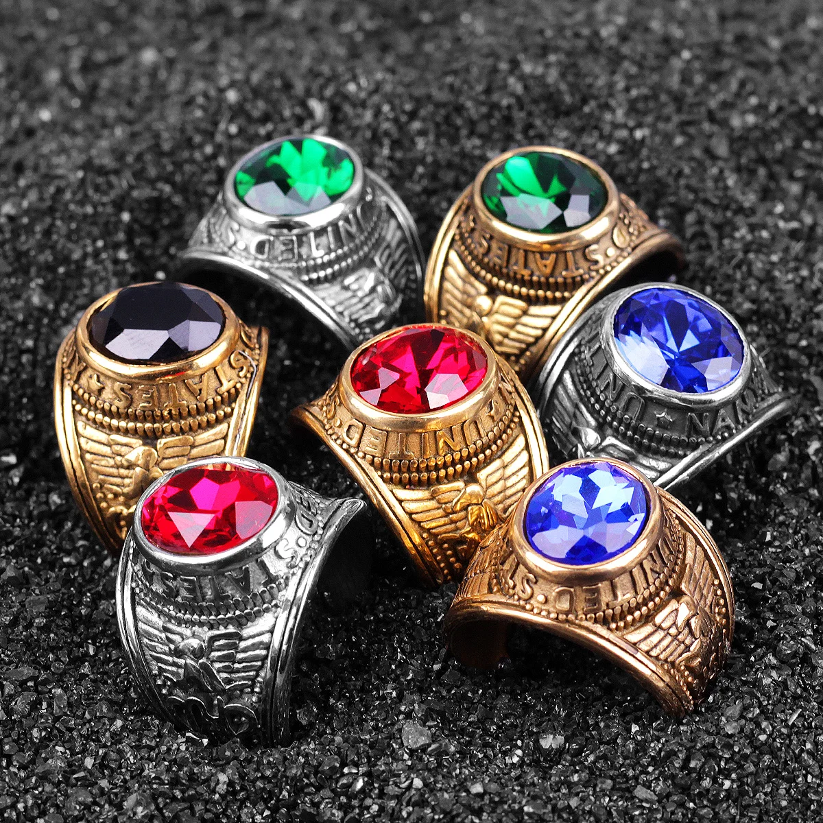 Stainless Steel Men Rings Rhinestone United States Punk Rock Hip Hop For Biker Male Boyfriend Jewelry Creativity Gift Wholesale