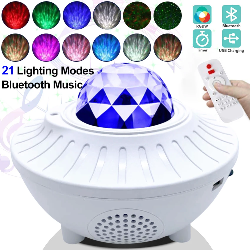 LED Star Night Light Music Starry Water Wave Projector with 21 Lighting Modes Bluetooth-compatible Music Player Remote Control