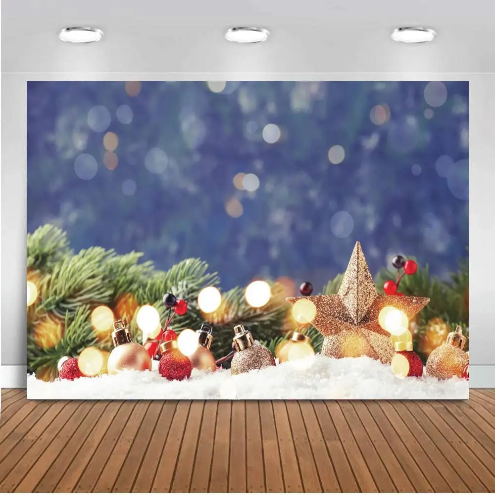 Winter Baby Christmas Backdrop Light Bokeh Snow Floor Balls Pine Cones Snowflake Decor Photography Backgrounds Photophone