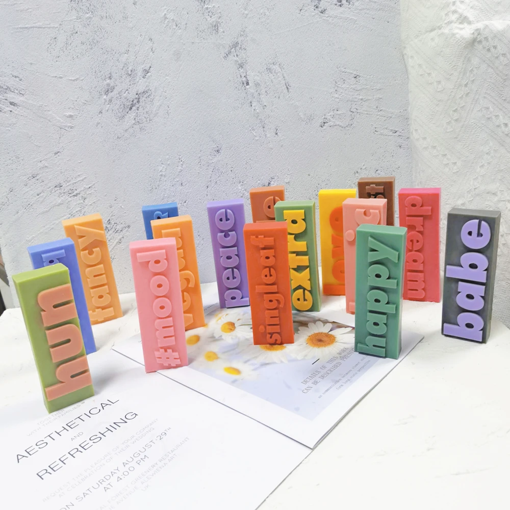 DIY Art Slogan Block Pillar Silicone Candle Mould Wedding Rectangle Letter Alphabet Silicone Candles Mold With Different Words