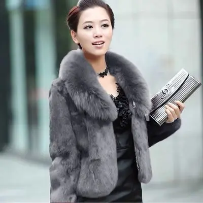 High Quality Faux Rabbit Hair Coat Women's Warm Outerwear Autumn Winter Short Faux Fox Fur Collar Coat Jacket Overcoat