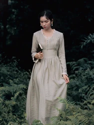 Women Autumn 2020 French Vintage Elegant SLim Lace V-Neck SLeeve Thick Long Dress clothes elbise robe longue femme vestidos
