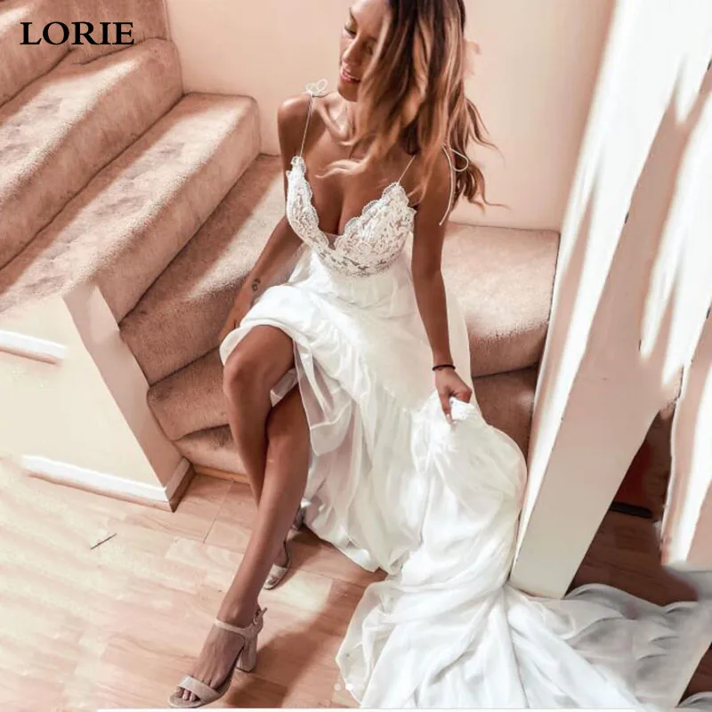 Lorie praia vestido de casamento 2021 espaguete strps laço boho vestido de noiva sexy apliques vestido de casamento chiffon vestidos de novia