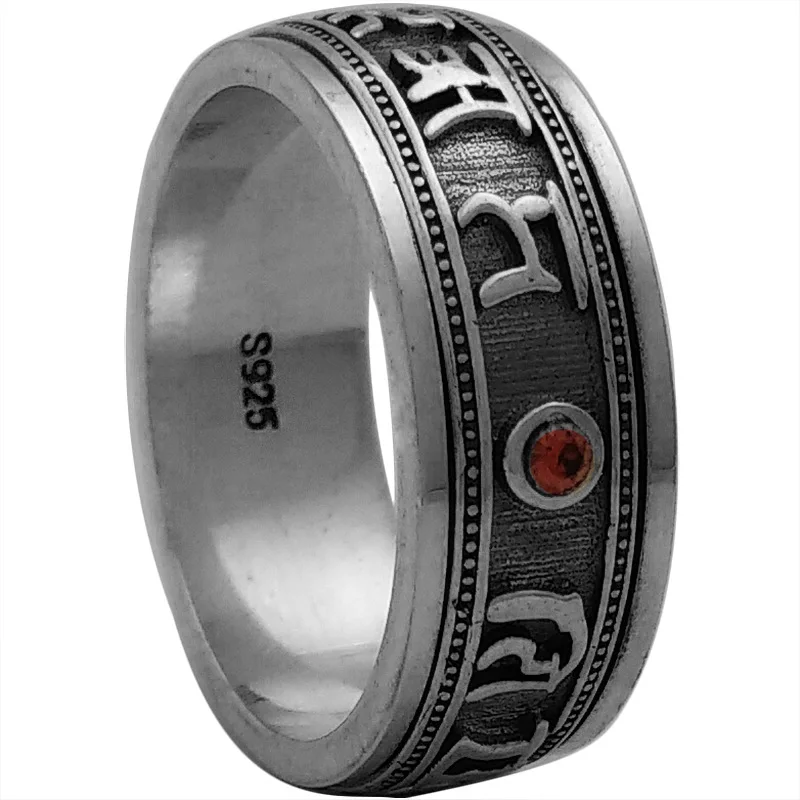 100% 925 sterling silver jewelry vintage Thai silver six-character mantra inlaid with red corundum Buddhist ring can be rotated