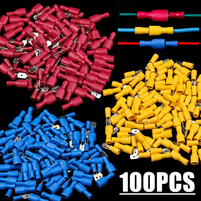 100 SZTUK (50 Par) Izolowane Żeńskie i Męskie Końcówki Widełkowe Zaciskane Złącza Doczołowe 6,3 mm Elektryczne Złącza Przewodów Wtyk Kablowy