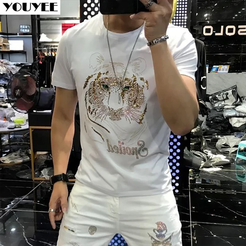 T-shirt Men\'s Tiger Head Rhinestone Top Trend Heavy Craft Slim Round Neck High-Quality Mercerized Cotton Short Sleeve Male Top