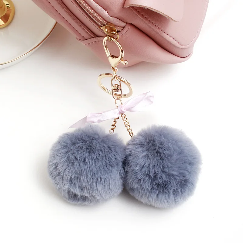 Fashion New Cute Fluffy Faux Rabbit Fur 6CM Ball Pompom Keychain Cherry Gold Key Chain Pom Pom Keyring Bag Charms Wedding Gift