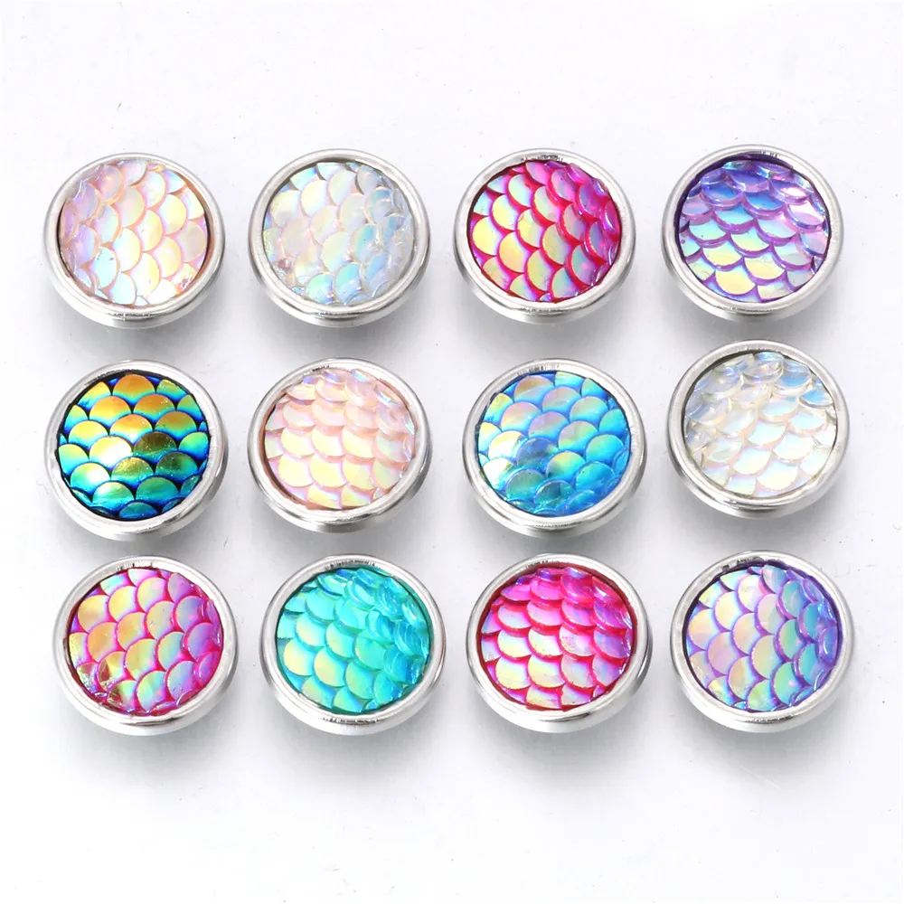 10pcs/lot New Mixed Fish Scales Resin Snap Round Mini Snaps Buttons for Snaps Jewelry Fit 12mm Snap Bracelets Earring ZL217