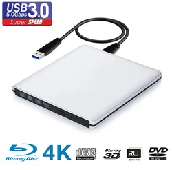 Unidad óptica externa ultradelgada, quemador de Blu-Ray 4K, reproductores de DVD USB 3,0, lector de Blu-Ray 3D, grabador de CD/DVD