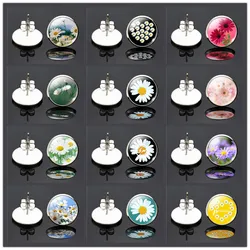 Daisy Pattern Stud Earrings Glass Cabochon Cute Flower Love Hope Princess Letters Earrings Fashion Women Gift