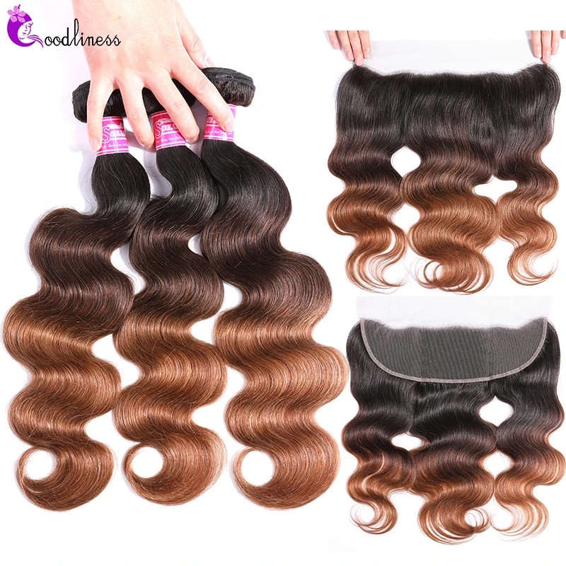 Ombre doczepy typu Body Wave z przednim miodem włosy ludzkie w kolorze blond wiązki z przednim Remy czarne brazylijskie pasemka włosów z czołem