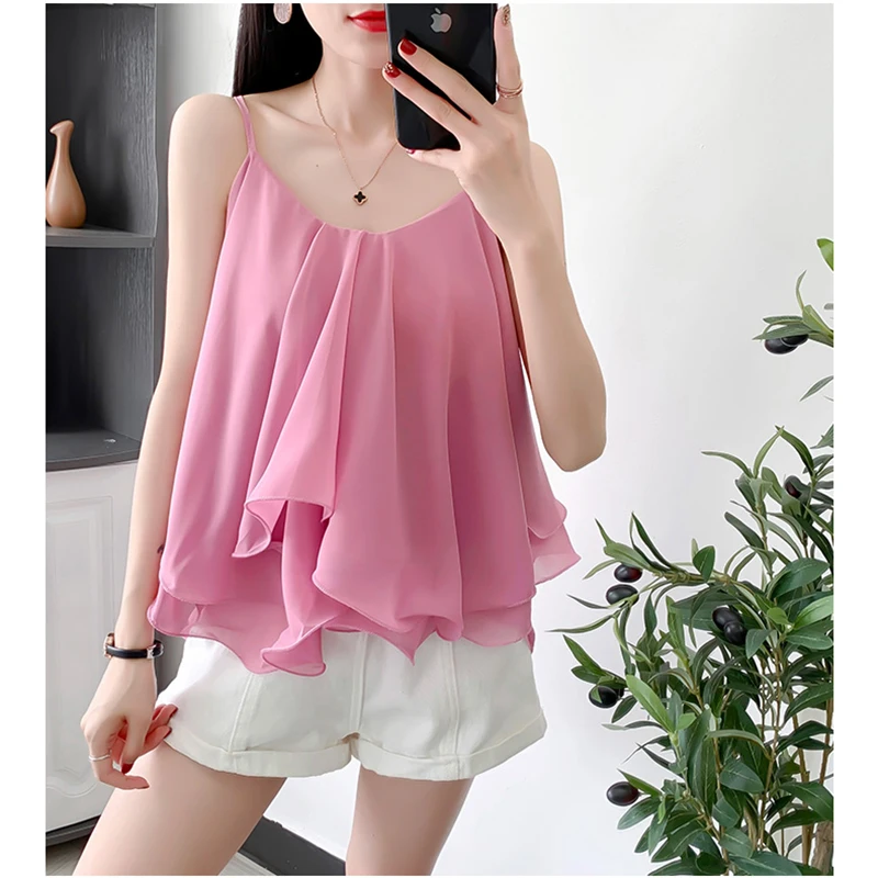 Summer Spaghetti Strap Women Sexy Indie Korean Cute White Pink Cami Tank V Neck Ruffle Irregular Chiffon Blouses Shirts Crop Top