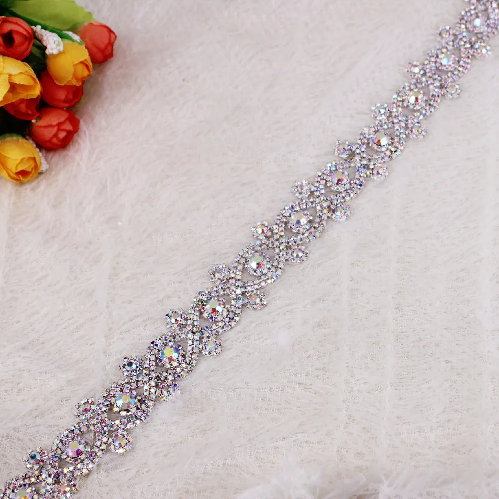 1 Yard Silver AB Rhinestones Bridal belt diamond wedding dress belt crystal satin wedding sash for wedding dress accessory