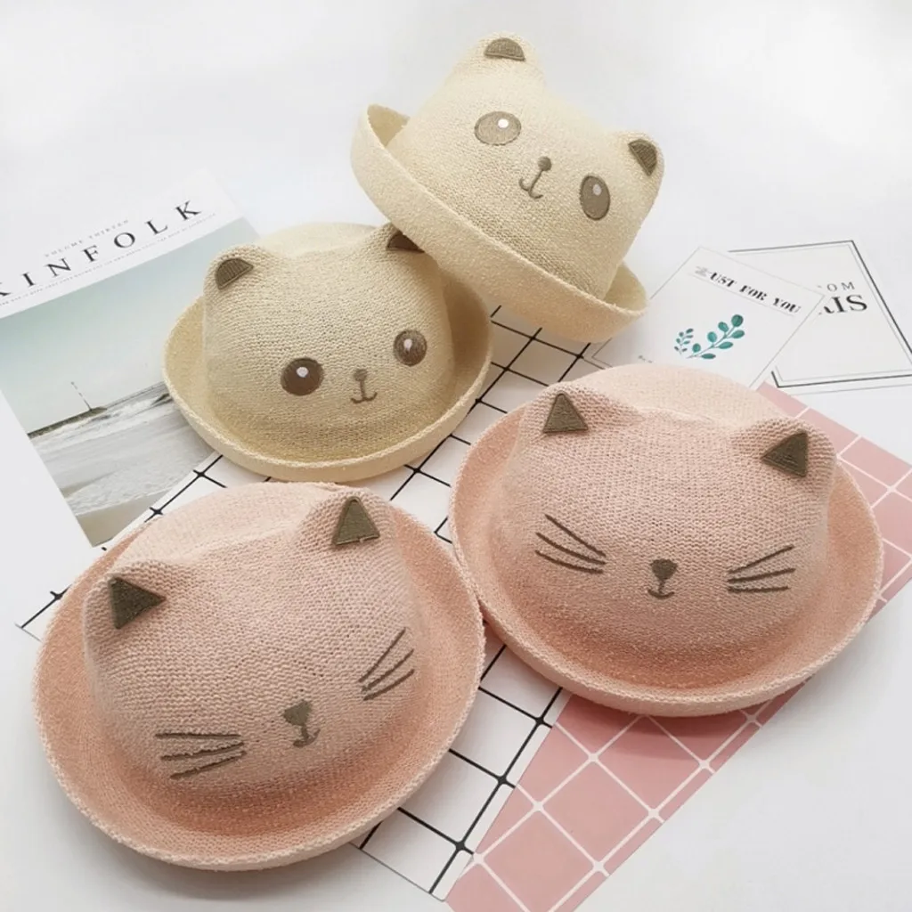 Cat Ear Kids Summer Straw Hat Cartoon Cat Bucket Beach Sun Protection Hat For Girls Boys Newborn Accessories Шапка Детская Весна