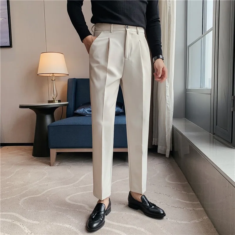 

Beige Formal Stretch Pants Classic Elegant Mens Clothing Off White Vintage British Wedding Dress Pants Office Trousers Retro New