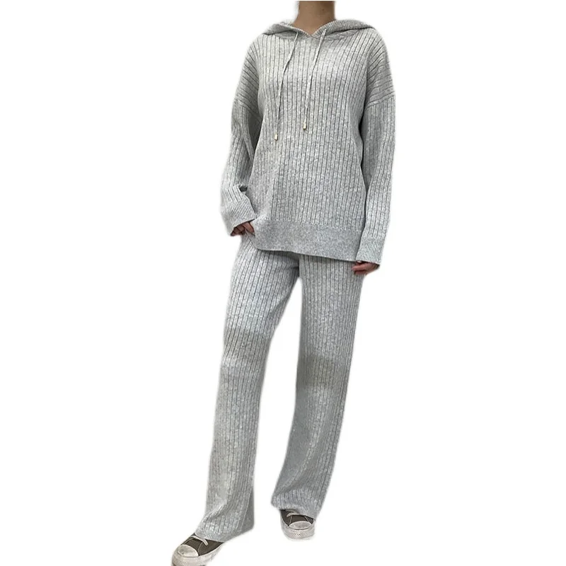 

Mink Cashmere Green Color Hoody Sweater + Warm Wool Pant Leisure 2 Pieces Set Suit Vertical Stripes Sweater Suit