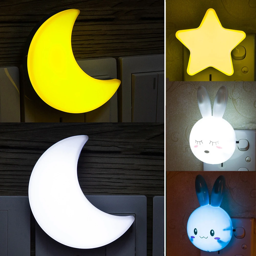 Novelty Night Light Star Moon Rabbit Cartoon LED Lamp Pulg-in Socket Wall Lamp for Baby Children\'s Bedroom Sleeping Nightlight