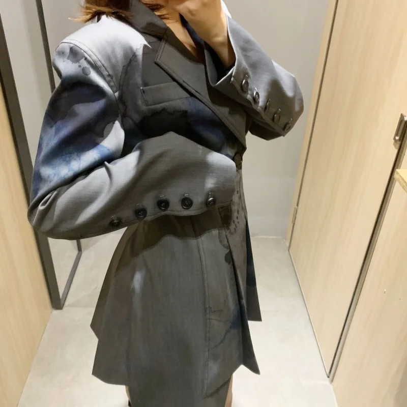 Women Autumn Print Pleated Blazer Designer Single Button Slim Suit Jacket Chinese Style Lapel Party Office Lady Coat Grey