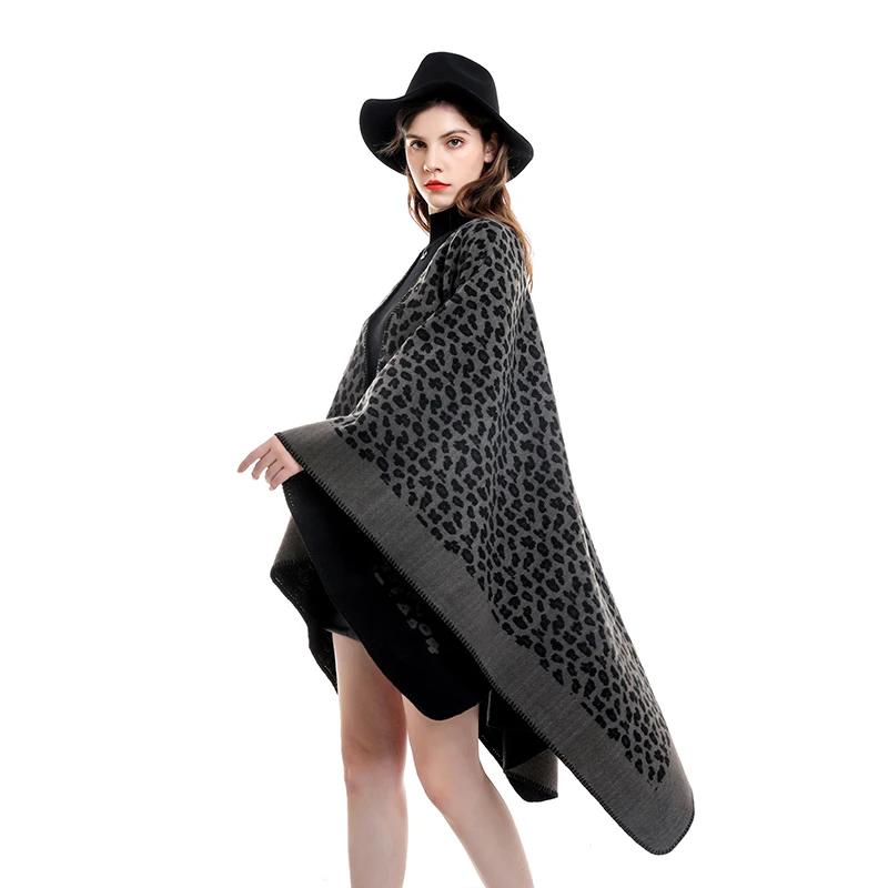 Fashion Imitation Cashmere Women Vintage Elegant Leopard Winter Scarf Warm Knitted Temperament Female Thick Split Wrap Shawl