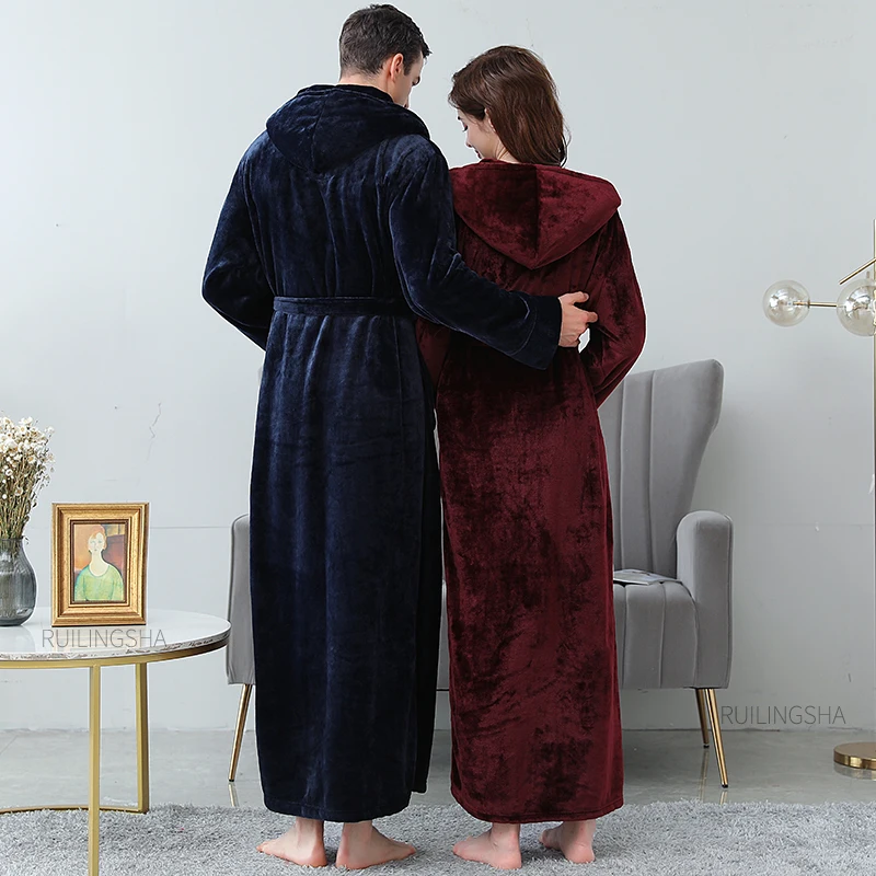 Men Winter Extra Long Warm Flannel Bathrobe Plus Size Coral Fleece Bath Robe Hooded Bride Dressing Gown Women Cozy Sleepwear Spa