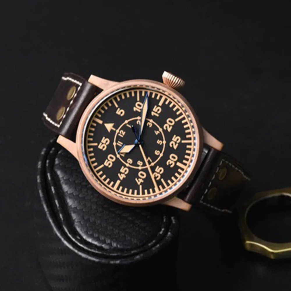 42mm Fashion Air Force B-Uhr Luminous Waterproof Pilot Watch Sapphire Glass Mirror Bronze Mens SW200 Automatic Mechanical Reloj