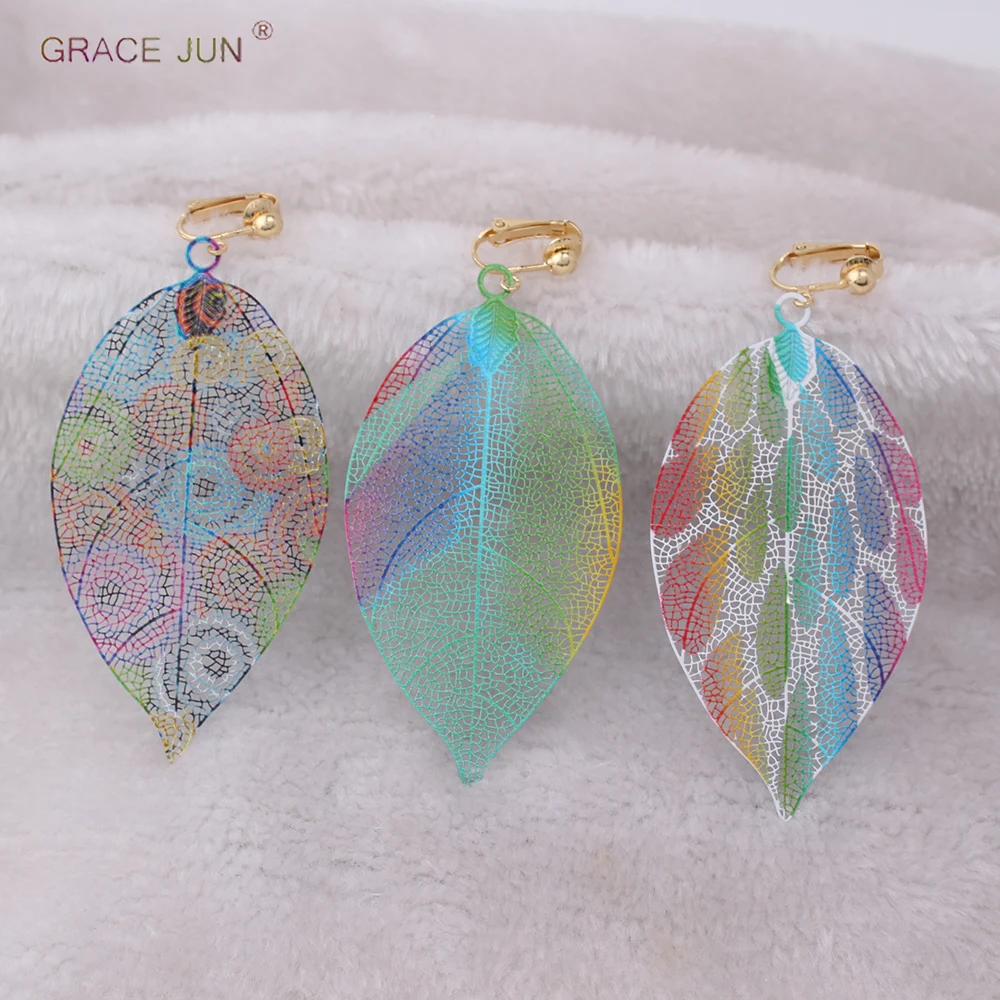 GRACE JUN Korea Style Copper Material Big Leaf Clip on Earrings Without Pierced for Womem Gold Color Ear Cuff Earrings Wholesale