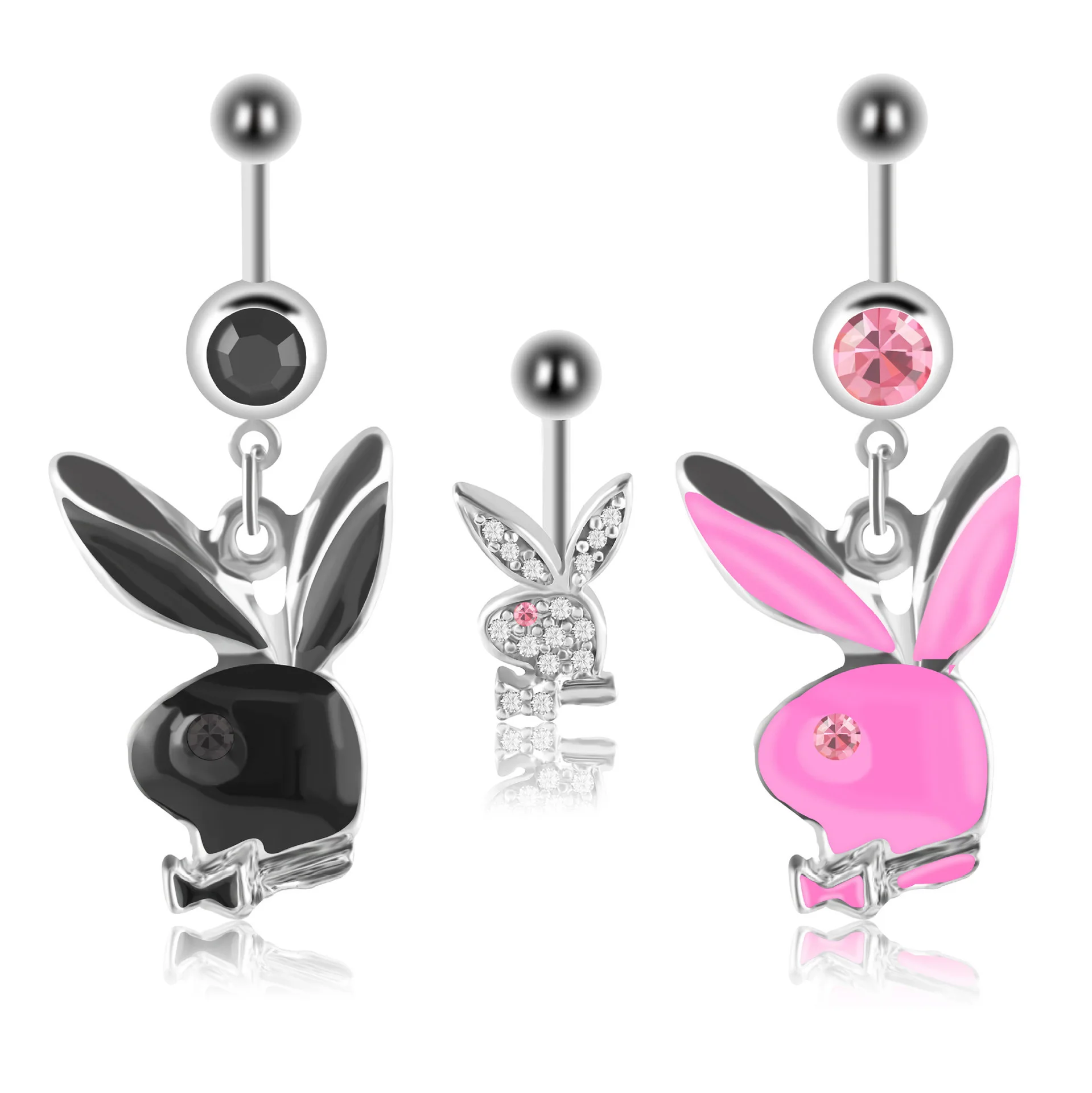 Black/white/pink Zircon Lovely Rabbit Pendant Belly Button Ring Surgical Steel Navel Piercing Belly Piercing Sexy Body Jewelry