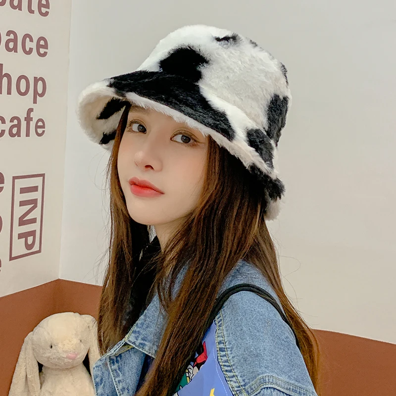 2021 New Fashion Korean Pink Cow Print Bucket Hat Faux Fur Winter Hats For Women Warm Plush Fisherman Caps image 6