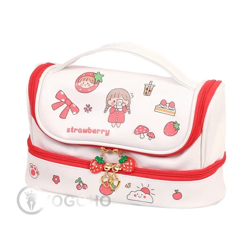 Double-Layer Pencil Case Large Capacity Strawberry Portable Strawberry Love PU Pencil Bag Kawaii Stationery School Supplies