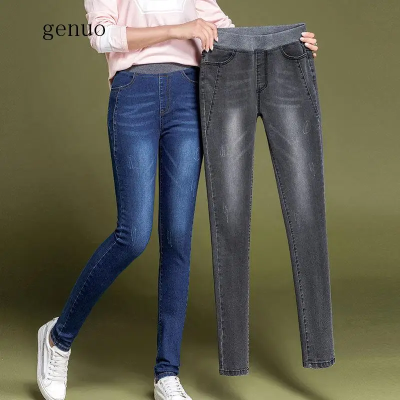 Pantalones vaqueros elásticos ajustados para mujer, vaqueros de cintura alta con realce, talla grande, negro, gris, 6xl, 5xl, 2020