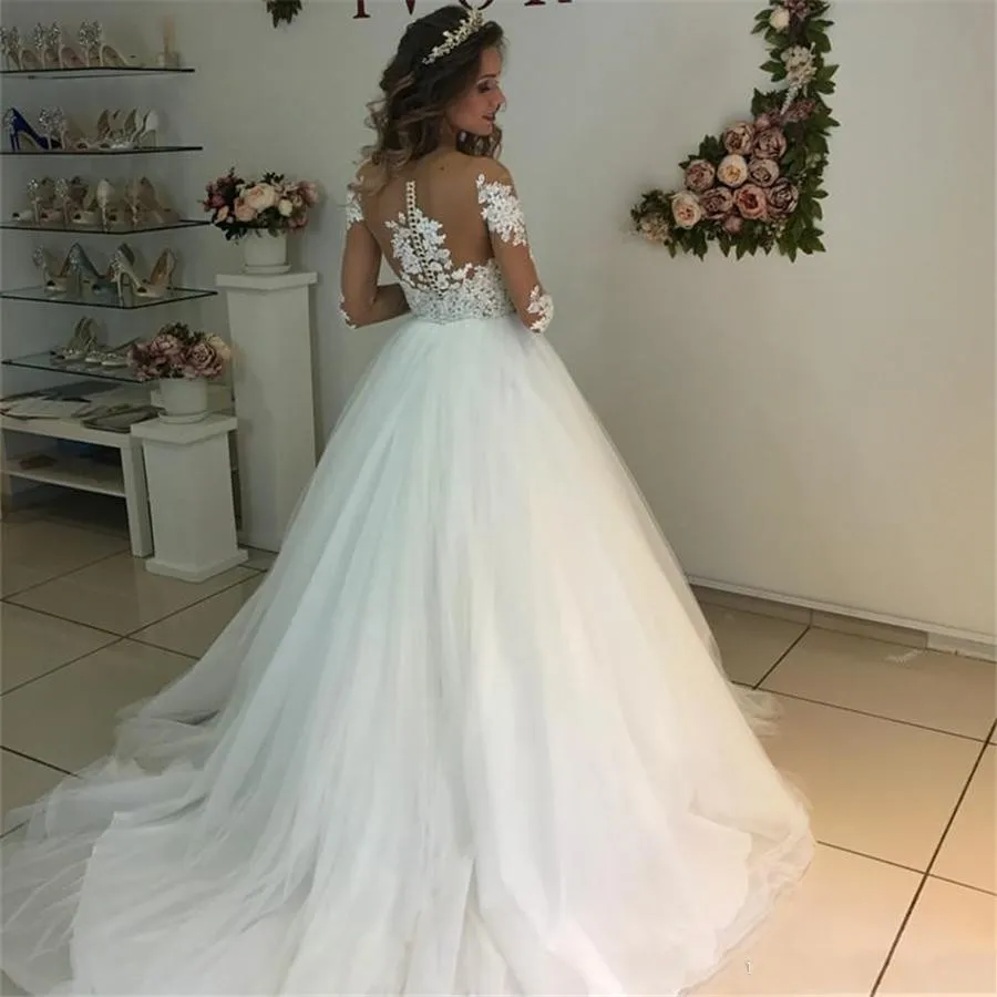 Elegante Spitze Appliques Long Sleeves Brautkleider 2021 Sehen Durch Weiß Tüll Brautkleider Vestido De Mariage