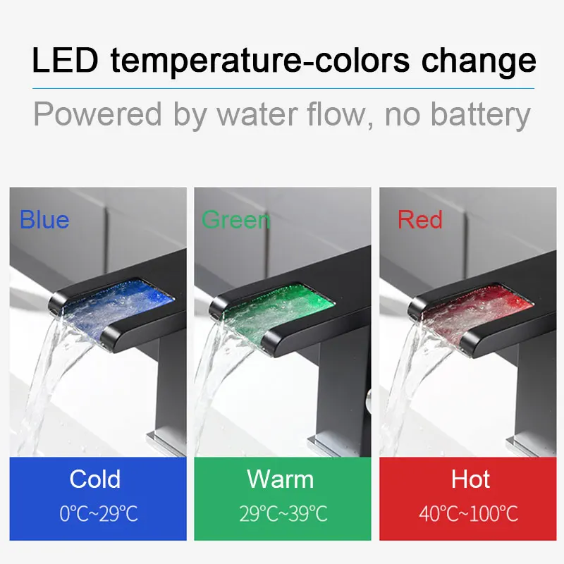 DOOKOLE LED Waterfall Bathroom Basin Faucet, Single Handle Cold Hot Water Mixer Sink Tap RGB Color Change Powered by Water Flow