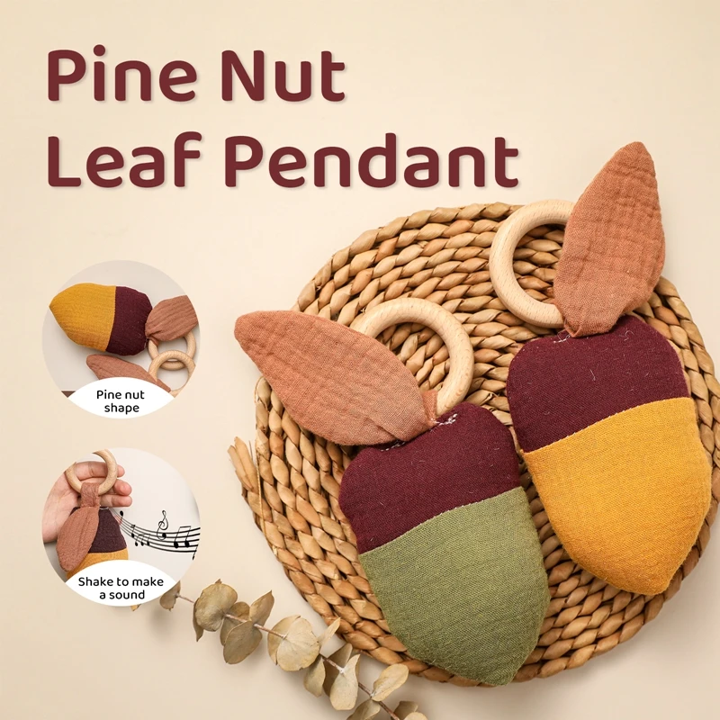 1Pc Baby Pine Nuts Leaf Pendant Wooden Ring Rattle Plush Leaves Teething Pendant Infant Play Gym Toys Newborn Nursing Gift