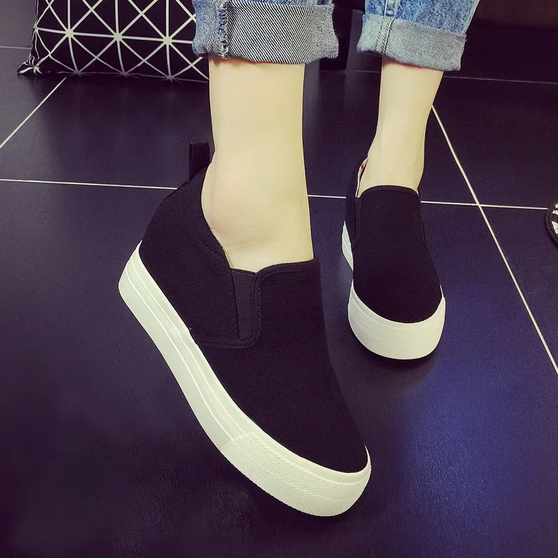 New Thick-soled Student Canvas Shoes Women's Pedal Shoes Increased 7cm Casual Black Shoes Zapatos De Mujer