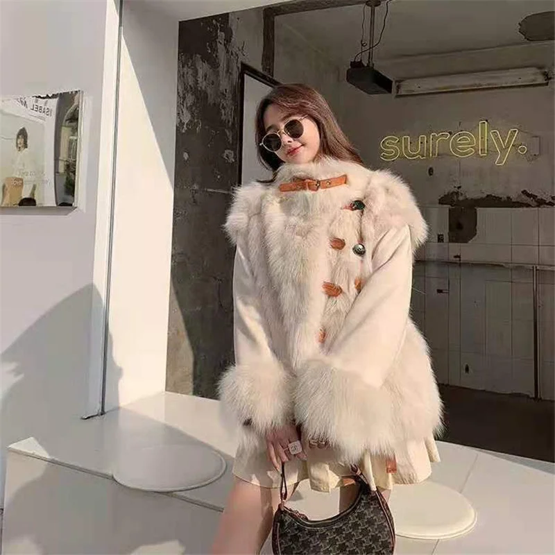 2024 Herbst Winter Mode Wildleder Patchwork Kunst fuchs Pelz Gras Mantel Frauen mit Fell auf beiden Seiten Mäntel Damen warme Pelz Outwear